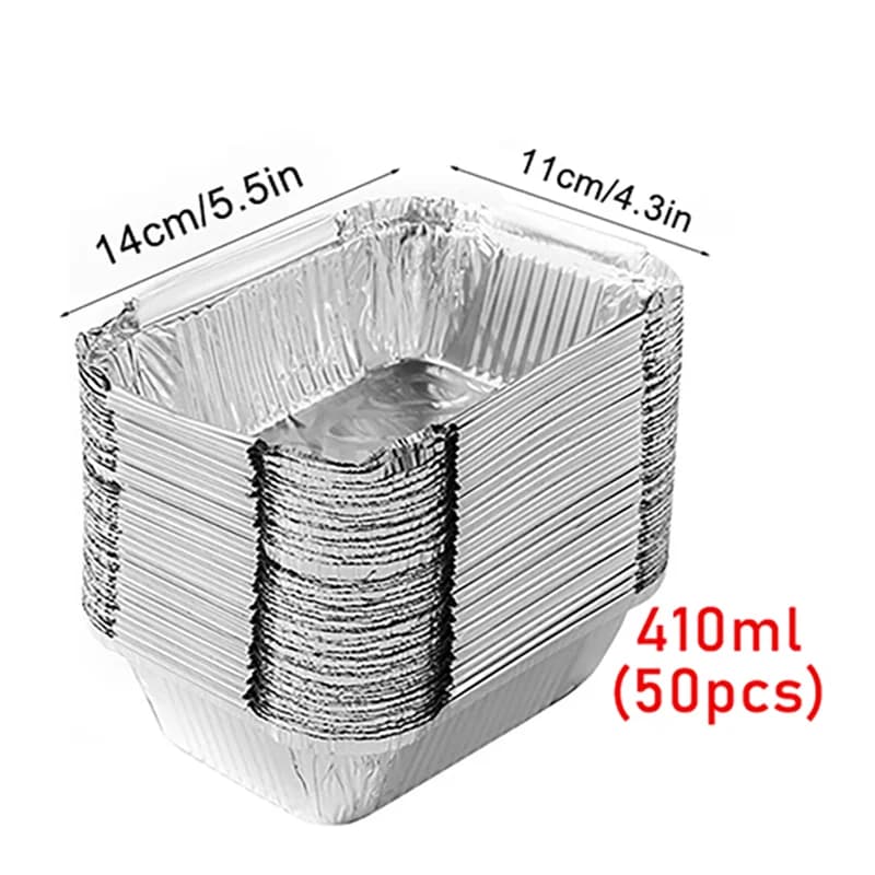 50pcs disposable aluminium foil, various sizes, tin pans are perfect for cooking, heating, storing and preparing food.