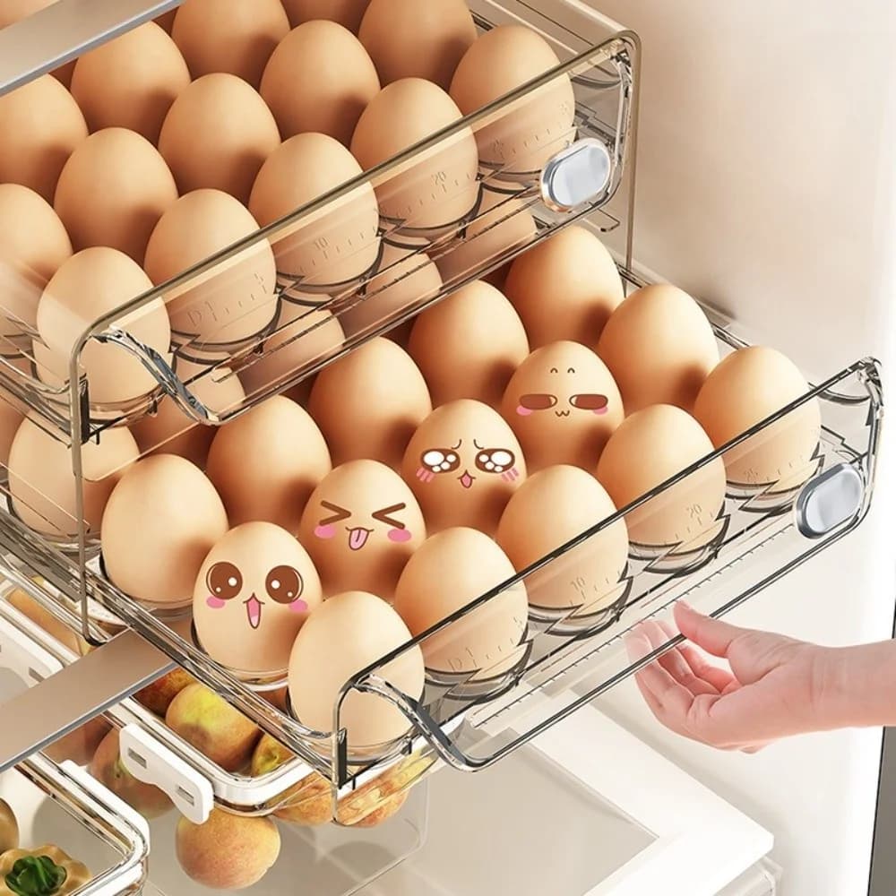 Transparent Egg Storage Box Double Layer Clear Plastic Egg Holder Time Scale Large Capacity Egg Storage Rack Drawer Organizer