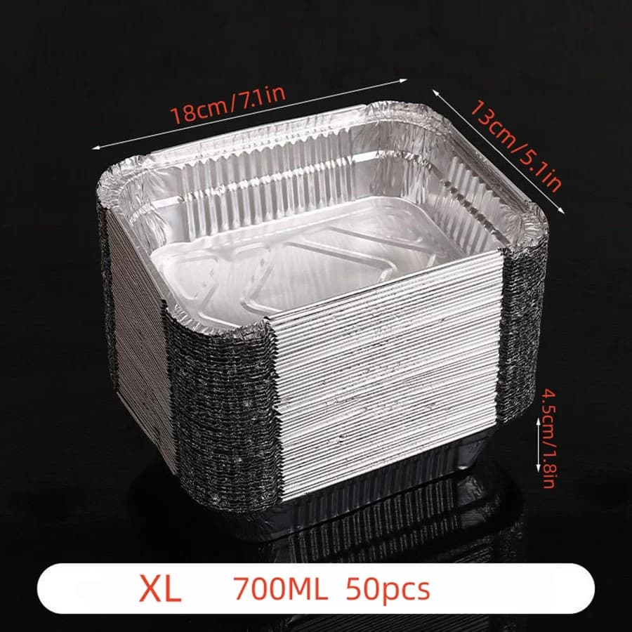 50pcs disposable aluminium foil, various sizes, tin pans are perfect for cooking, heating, storing and preparing food.