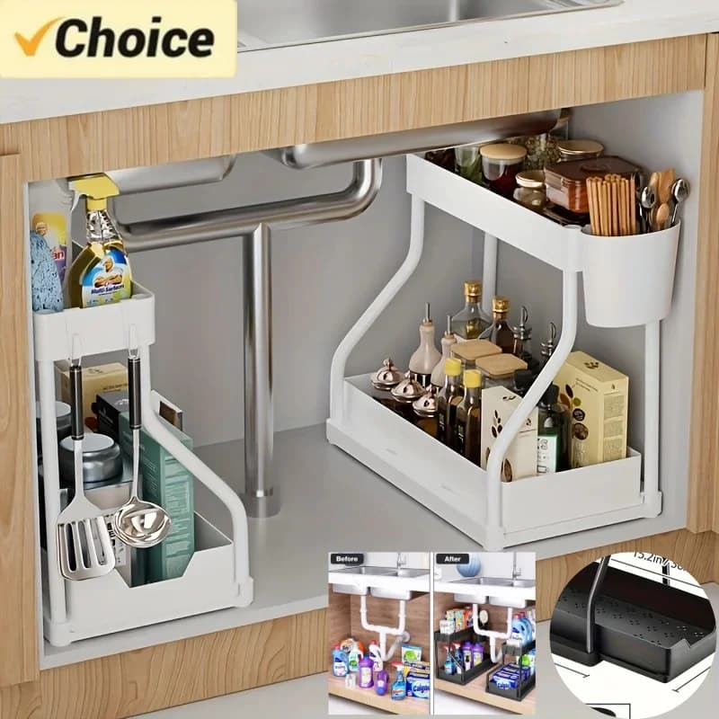 Space Saving 2 Tier Under Sink Organizer,Pull Out Storage Box Durable Large Capacity Kitchen Bathroom Essential Drawer Organizer