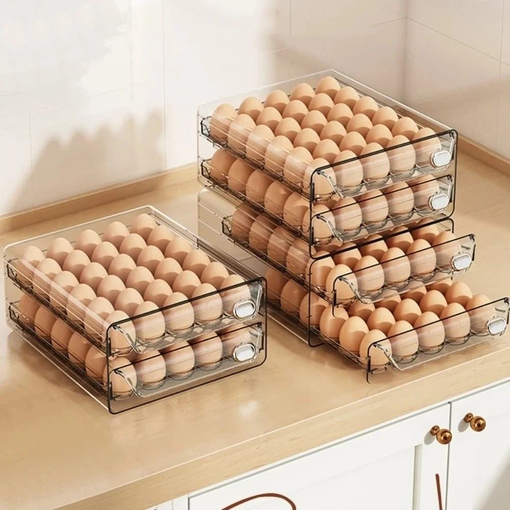 Transparent Egg Storage Box Double Layer Clear Plastic Egg Holder Time Scale Large Capacity Egg Storage Rack Drawer Organizer
