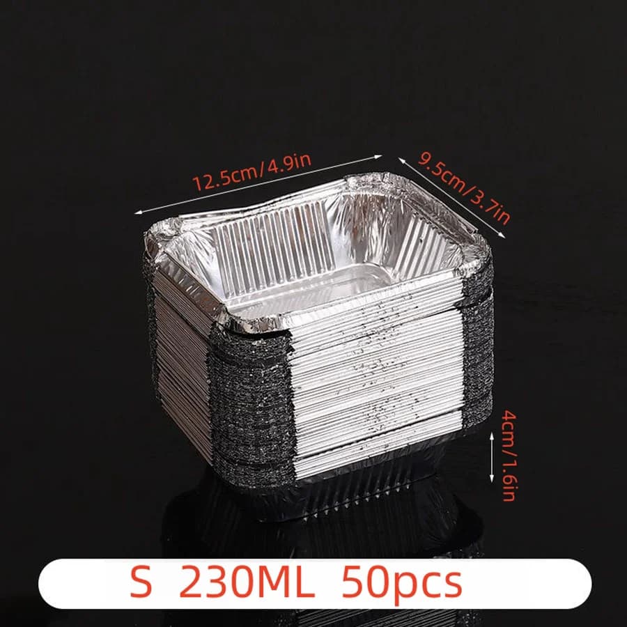 50pcs disposable aluminium foil, various sizes, tin pans are perfect for cooking, heating, storing and preparing food.