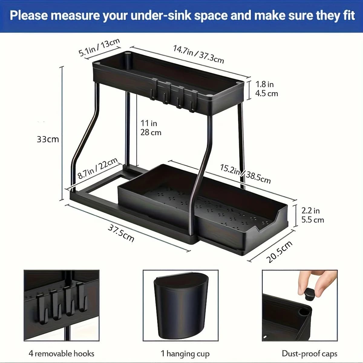 Space Saving 2 Tier Under Sink Organizer,Pull Out Storage Box Durable Large Capacity Kitchen Bathroom Essential Drawer Organizer