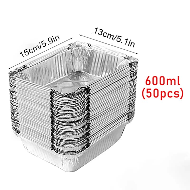 50pcs disposable aluminium foil, various sizes, tin pans are perfect for cooking, heating, storing and preparing food.