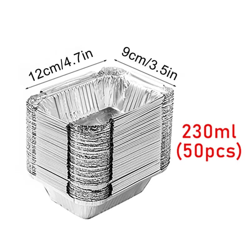 50pcs disposable aluminium foil, various sizes, tin pans are perfect for cooking, heating, storing and preparing food.